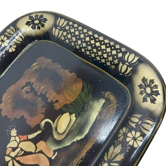 Vintage Metal Toleware Tray Woman Feeding Swan Black Gold Mid-Century Hand Paint - Picture 3 of 9